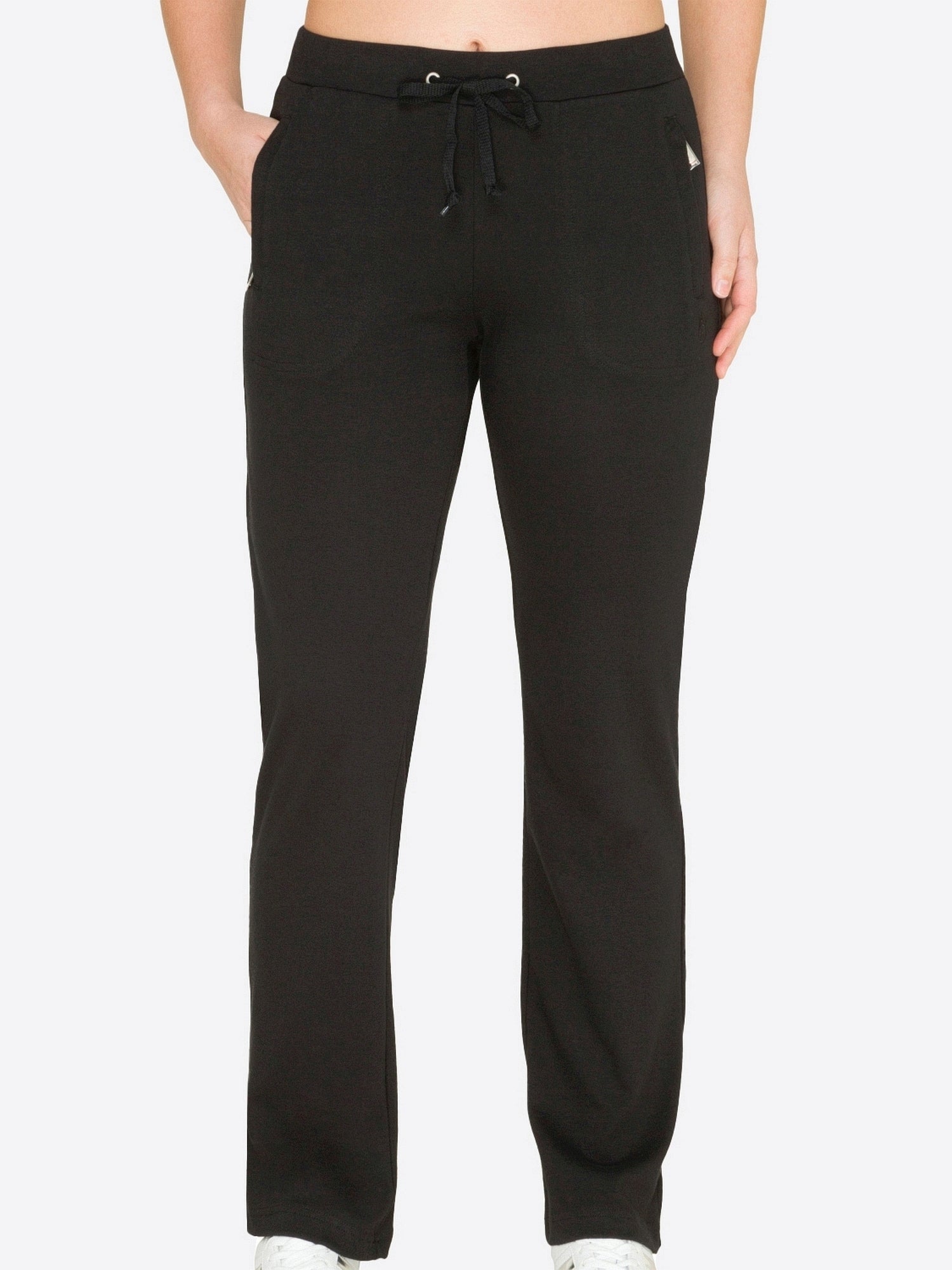 Schwarze Jogginghosen mit Kordelzug, elastischem Bund und Bündchen, wahrscheinlich aus Baumwolle oder Polyester-Mischung gefertigt.