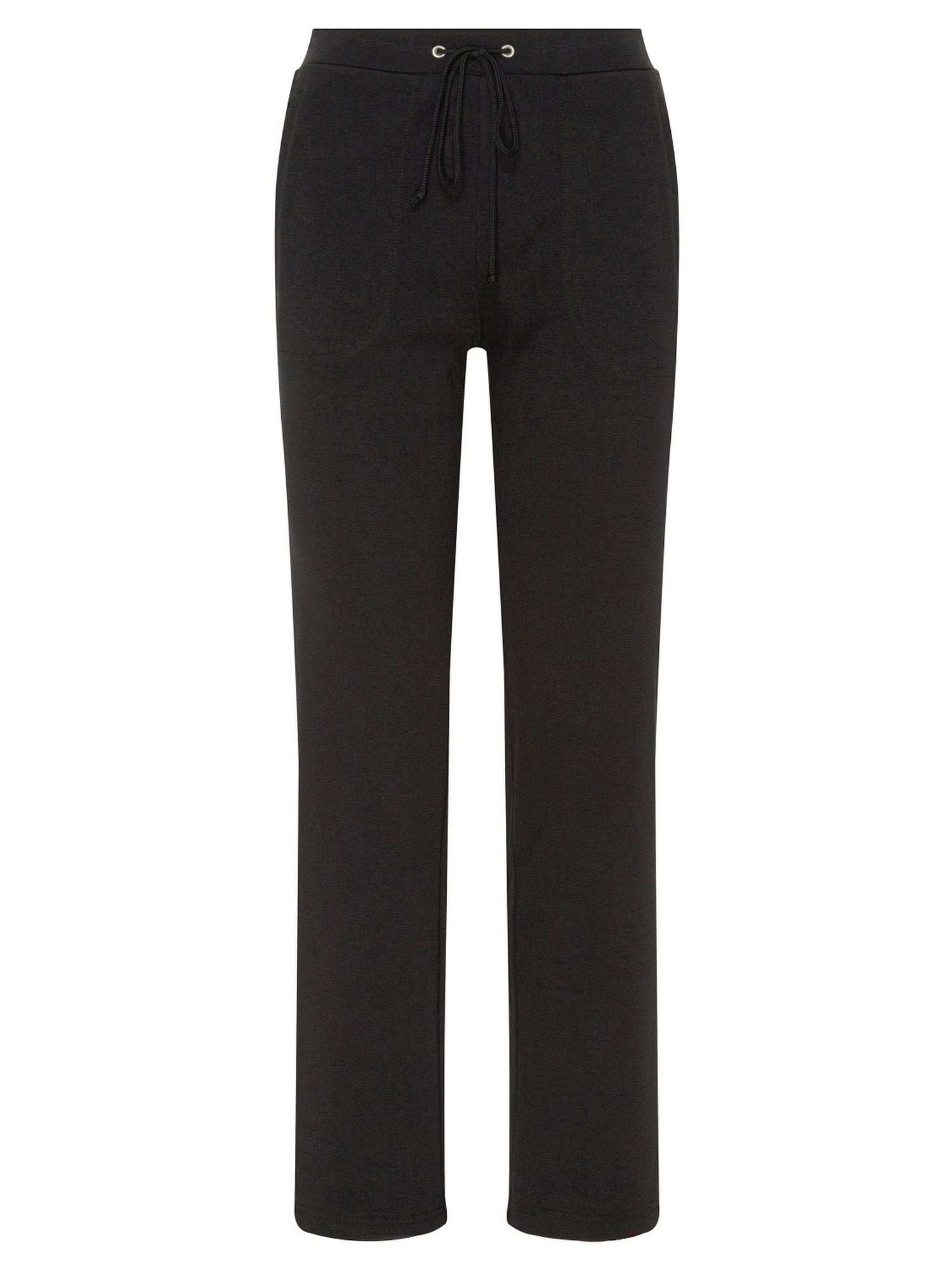 Schwarze gerade Bein-Hosen mit Kordelbund und Knopfleiste, wahrscheinlich aus Baumwolle oder Polyester-Mischung gefertigt.