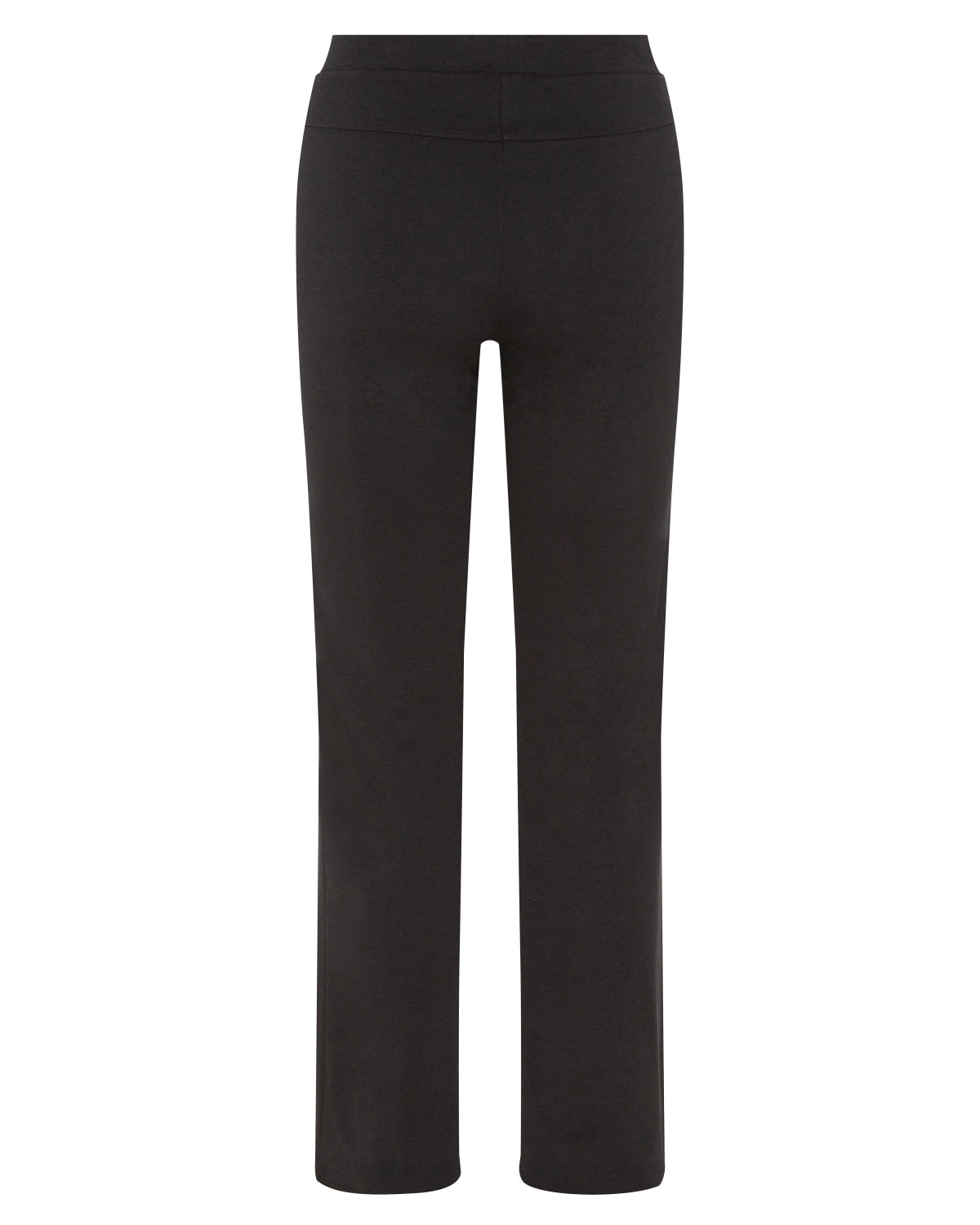 Schwarze dehnbaren Yoga-Hosen mit hohem Bund und geradem Beinform.