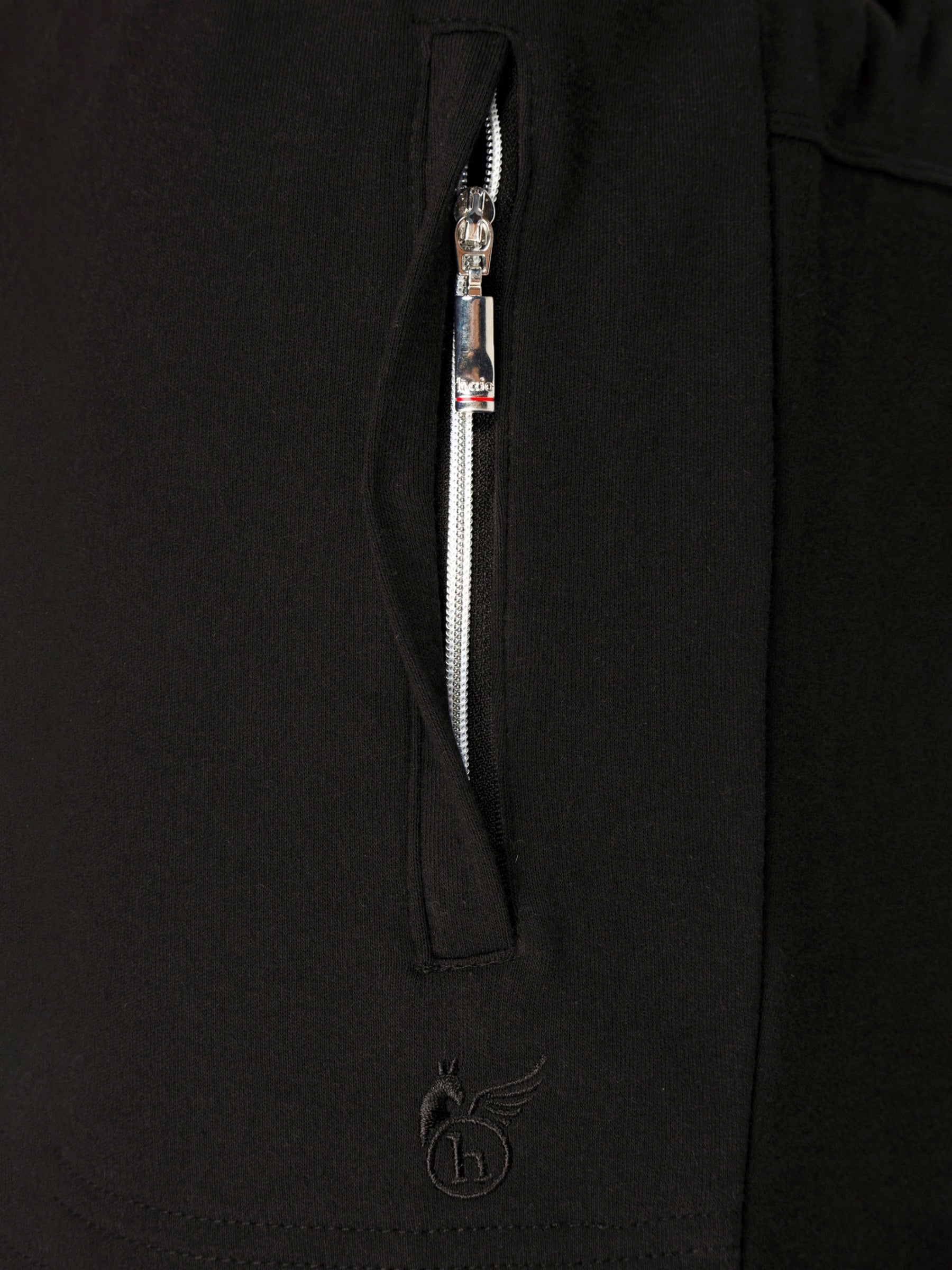 Black zippered pocket with silver zipper pull and subtle embroidered logo on joggpants sportiv stay fresh by hajo mode