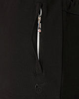 Schwarze Reißverschlussjacke mit silbernem Reißverschluss und Logo.