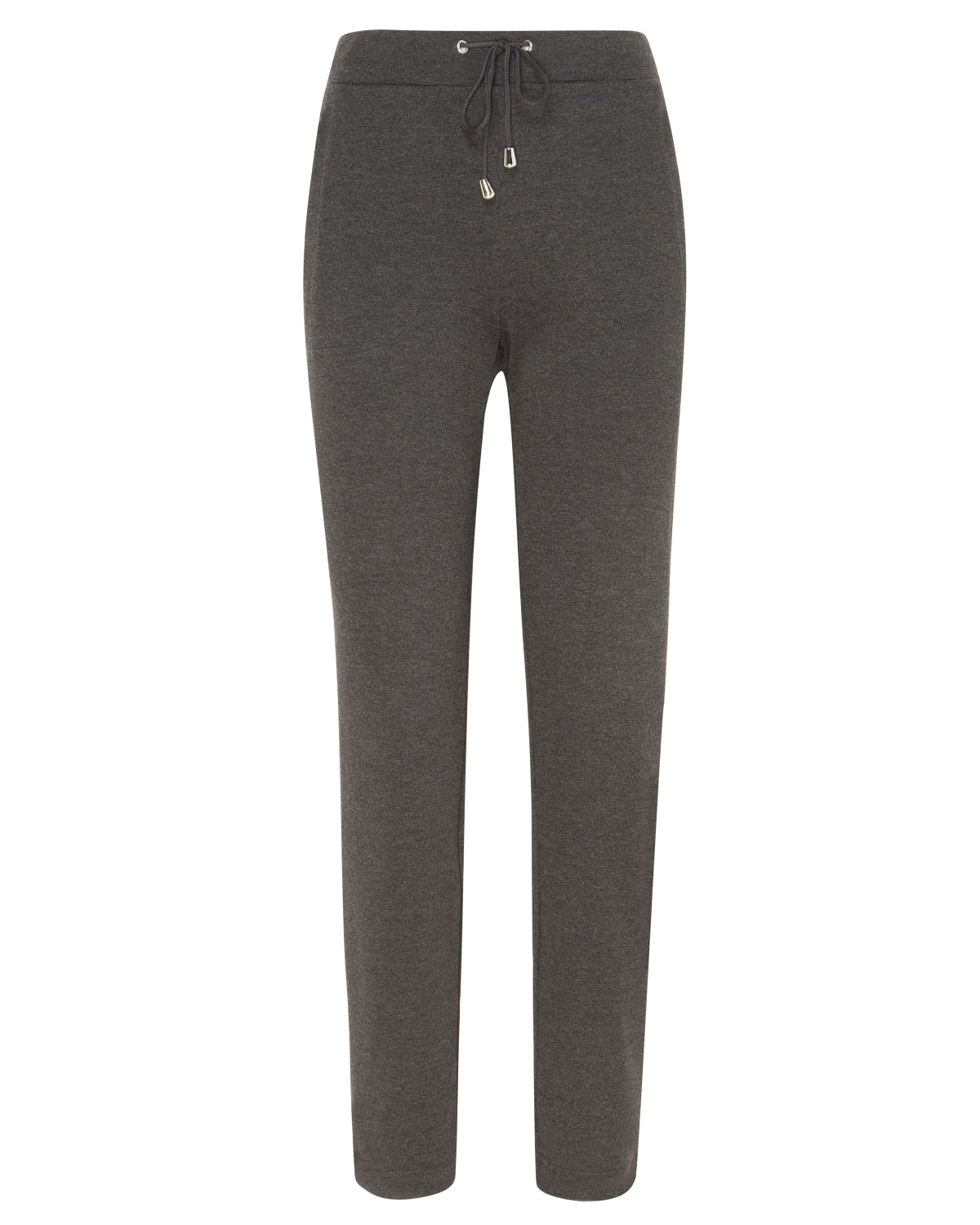 Kohle-graue hochgeschnittene Jogginghosen mit Kordelbund und kleinem Logo auf dem linken Bein.