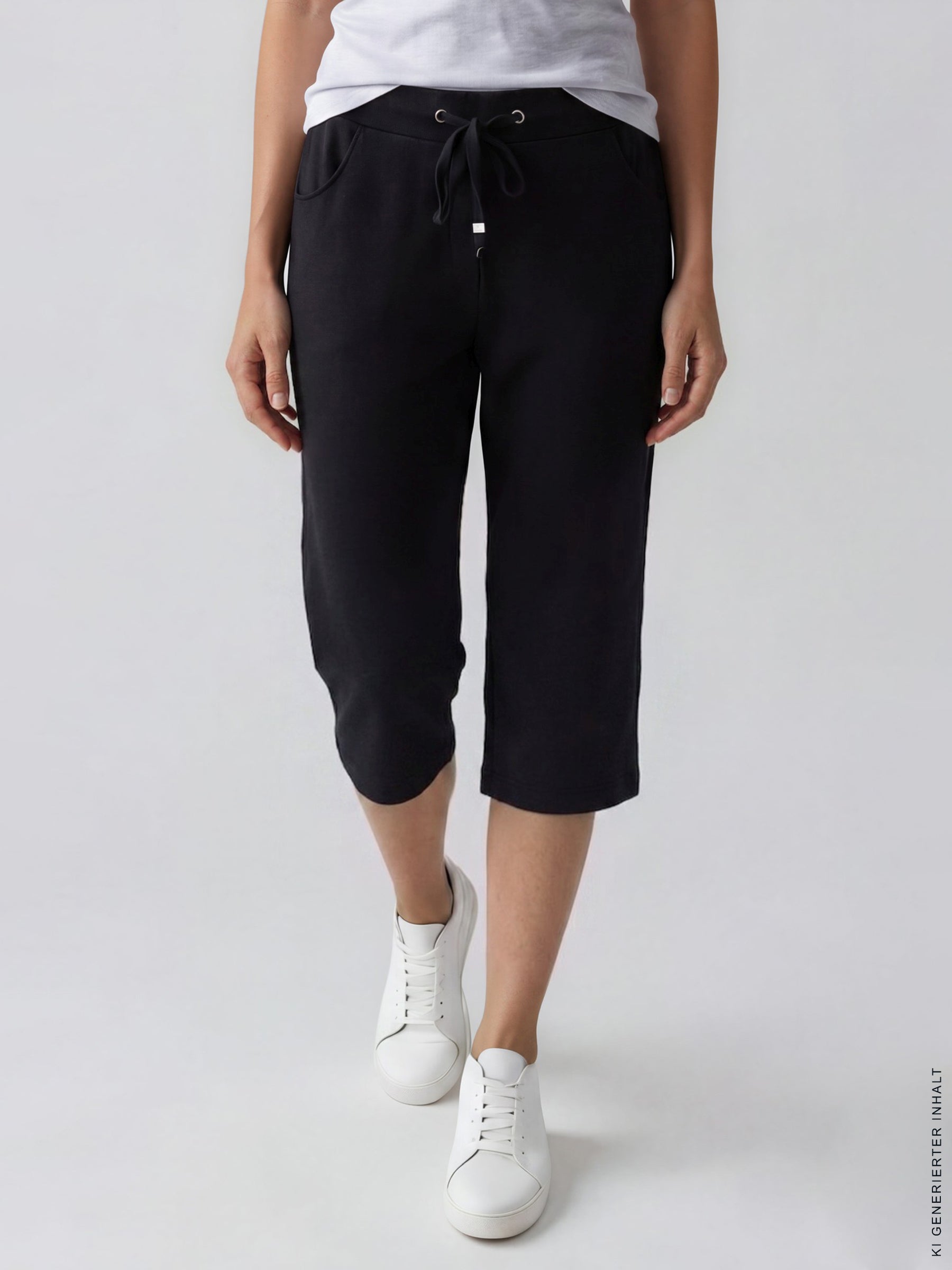 Schwarze 3/4-hose interlock stay fresh mit tunnelzugbund und seitentaschen aus komfortablem material