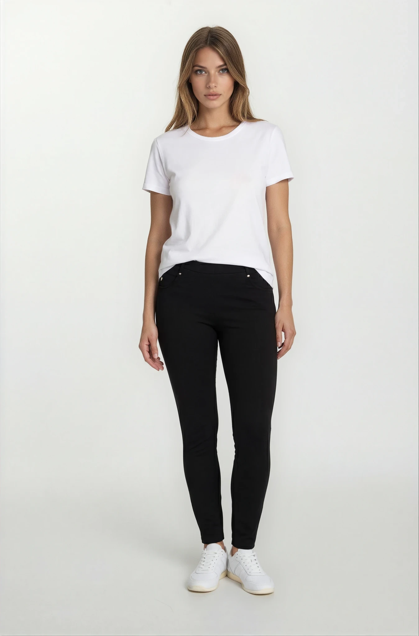 Five-Pocket Hose bi-stretch: schwarze High-Waist-Leggings Rückseite, figurbetont, Nahtdetails