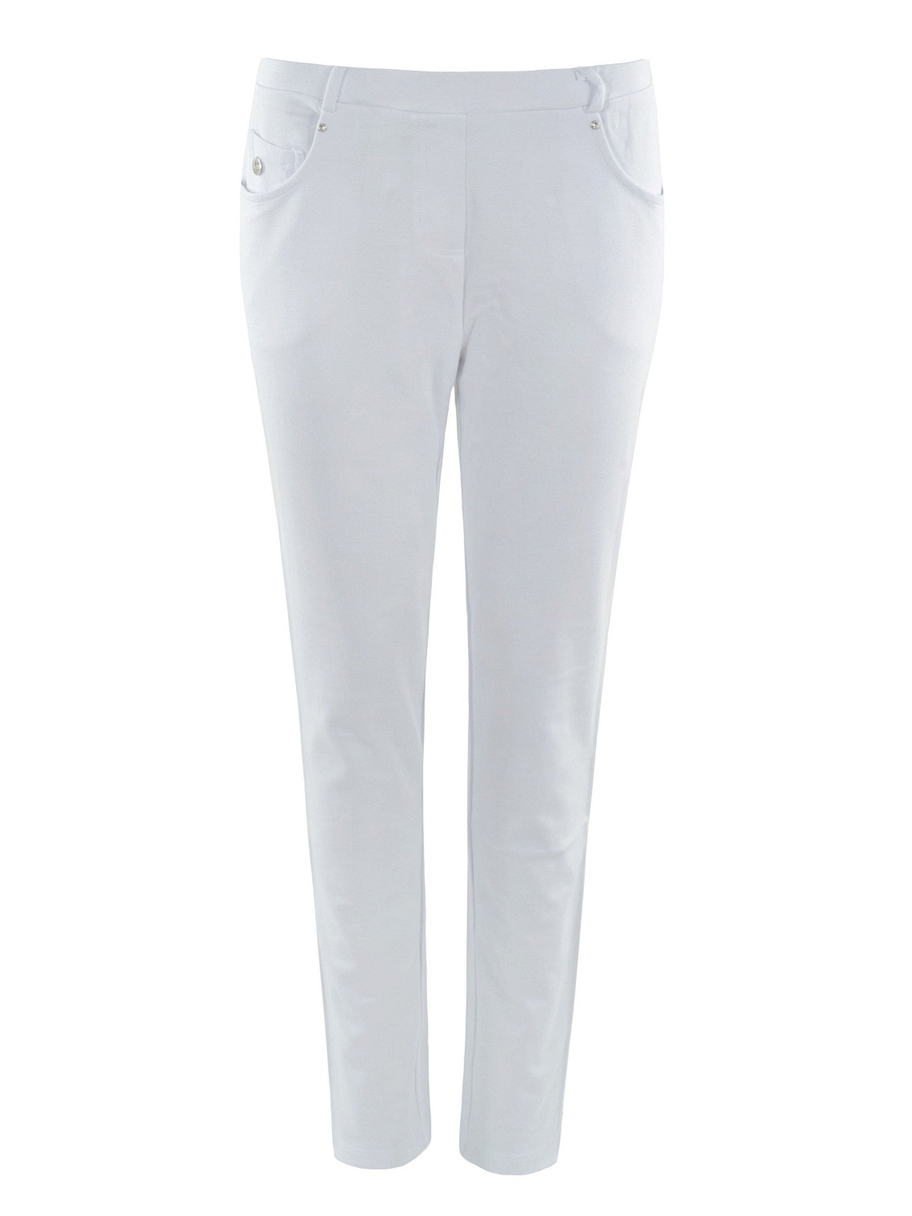 Weiße schlanke five-pocket hose bi-stretch mit dezenten seitentaschen und silbernen knopfen für die joy of life