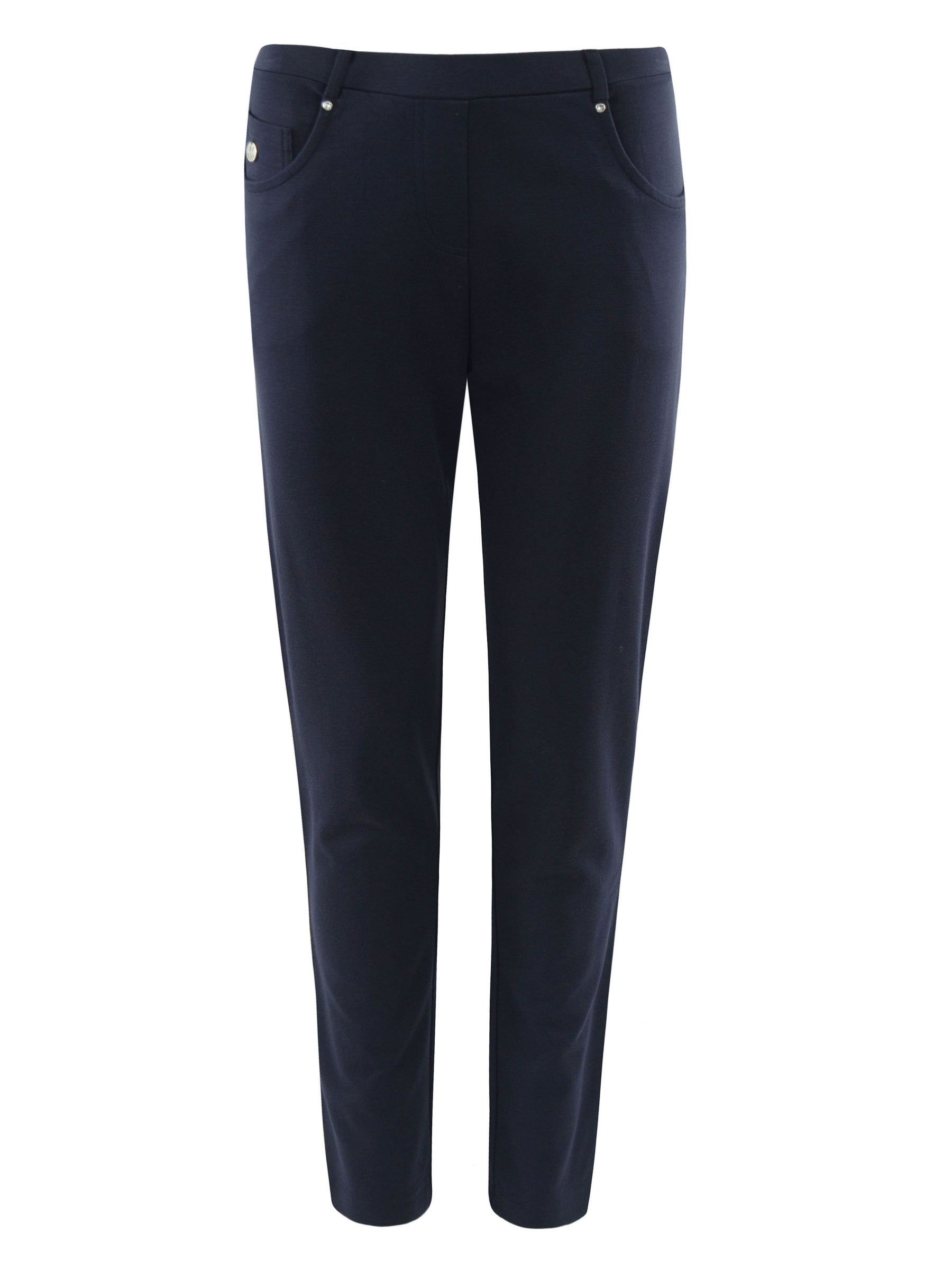 Navyblaue slim-fit five-pocket hose bi-stretch mit dezenten vordertaschen und silbernen knopfdetails für freude am leben