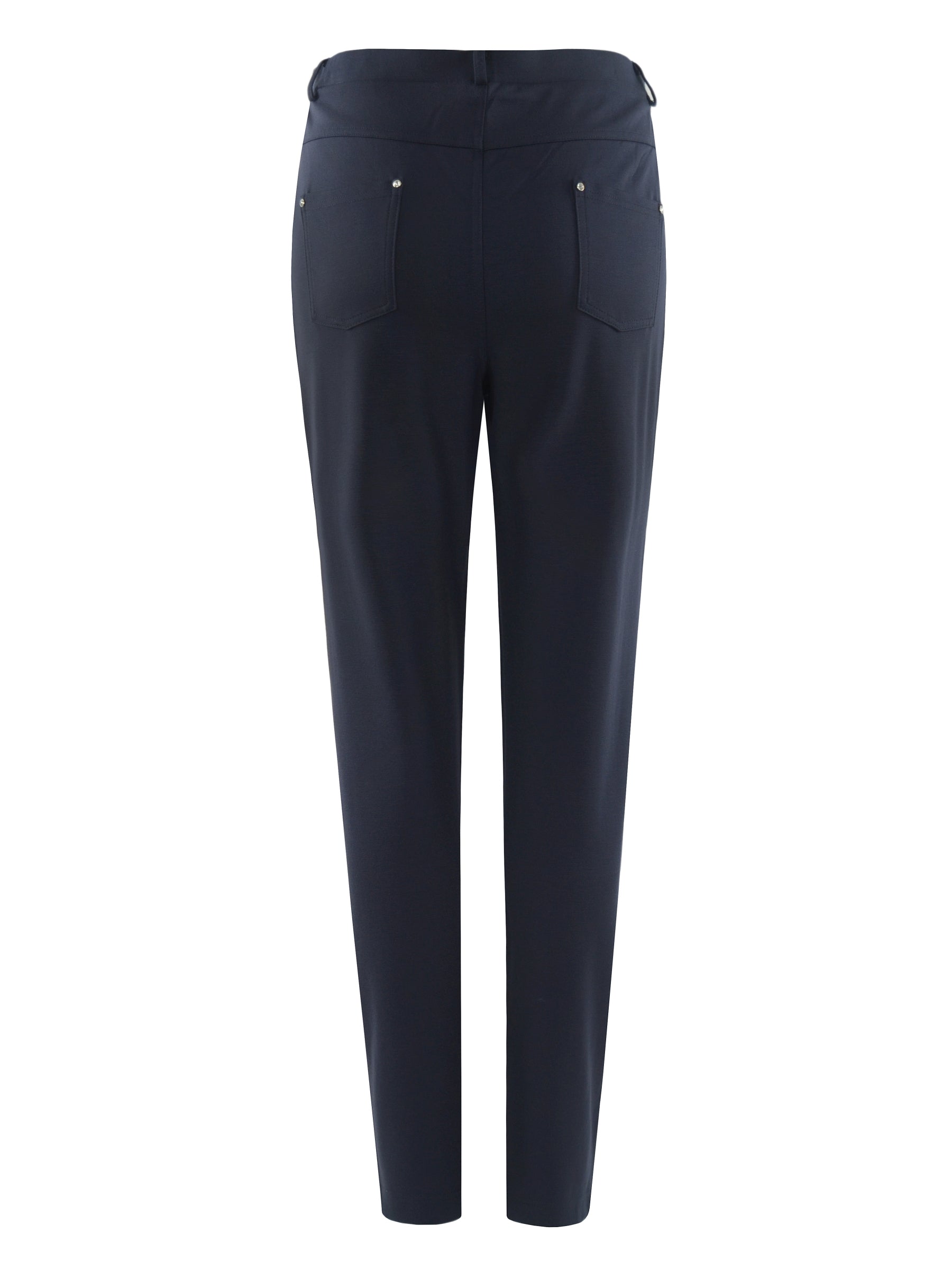 Navyblaue five-pocket hose bi-stretch mit geradem schnitt und silbernen nieten an den taschen für die joy of life