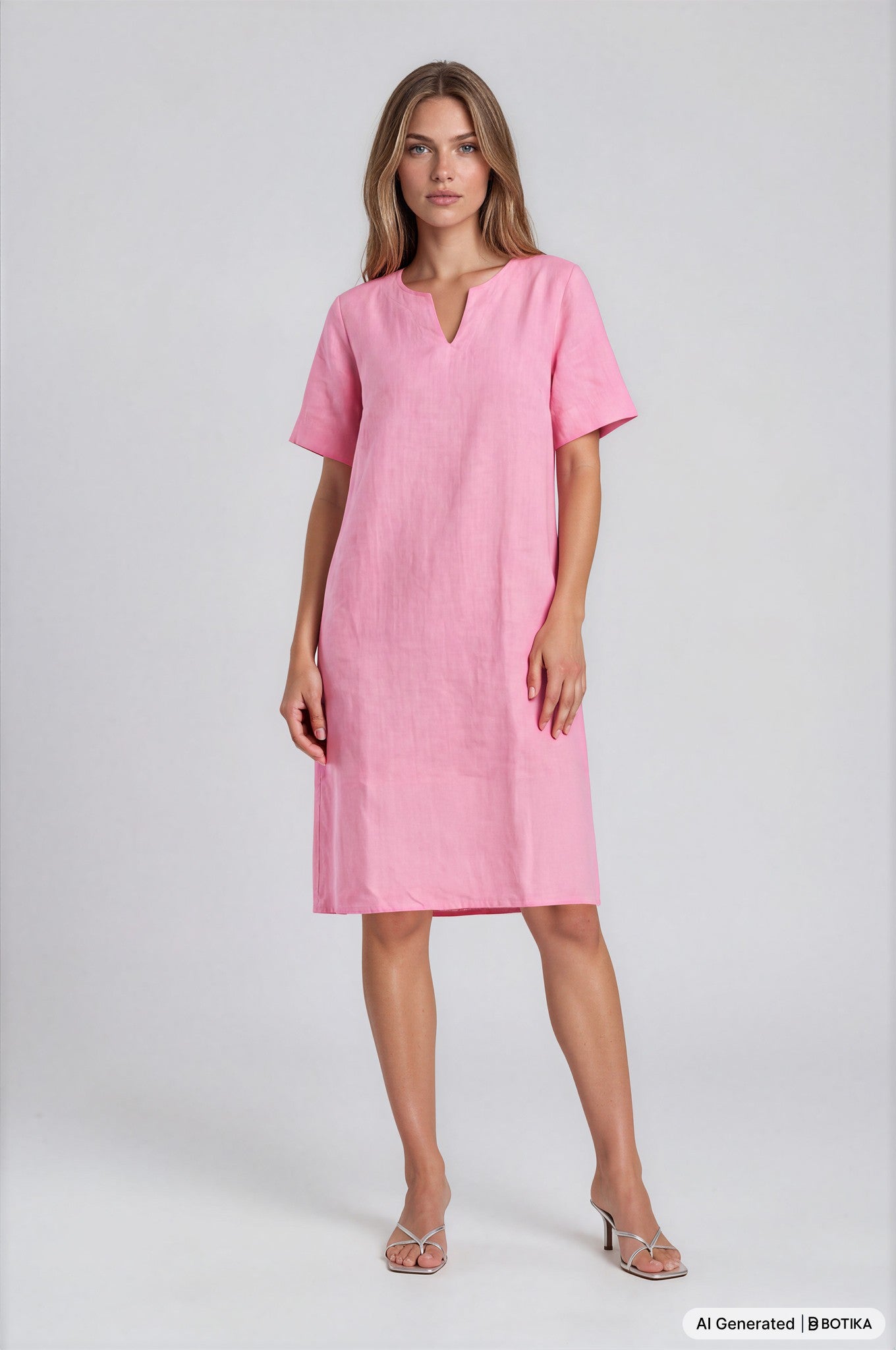 Rosa kleid leinen mit kurzen ärmeln v ausschnitt und lockerem schnitt im entspannten stil