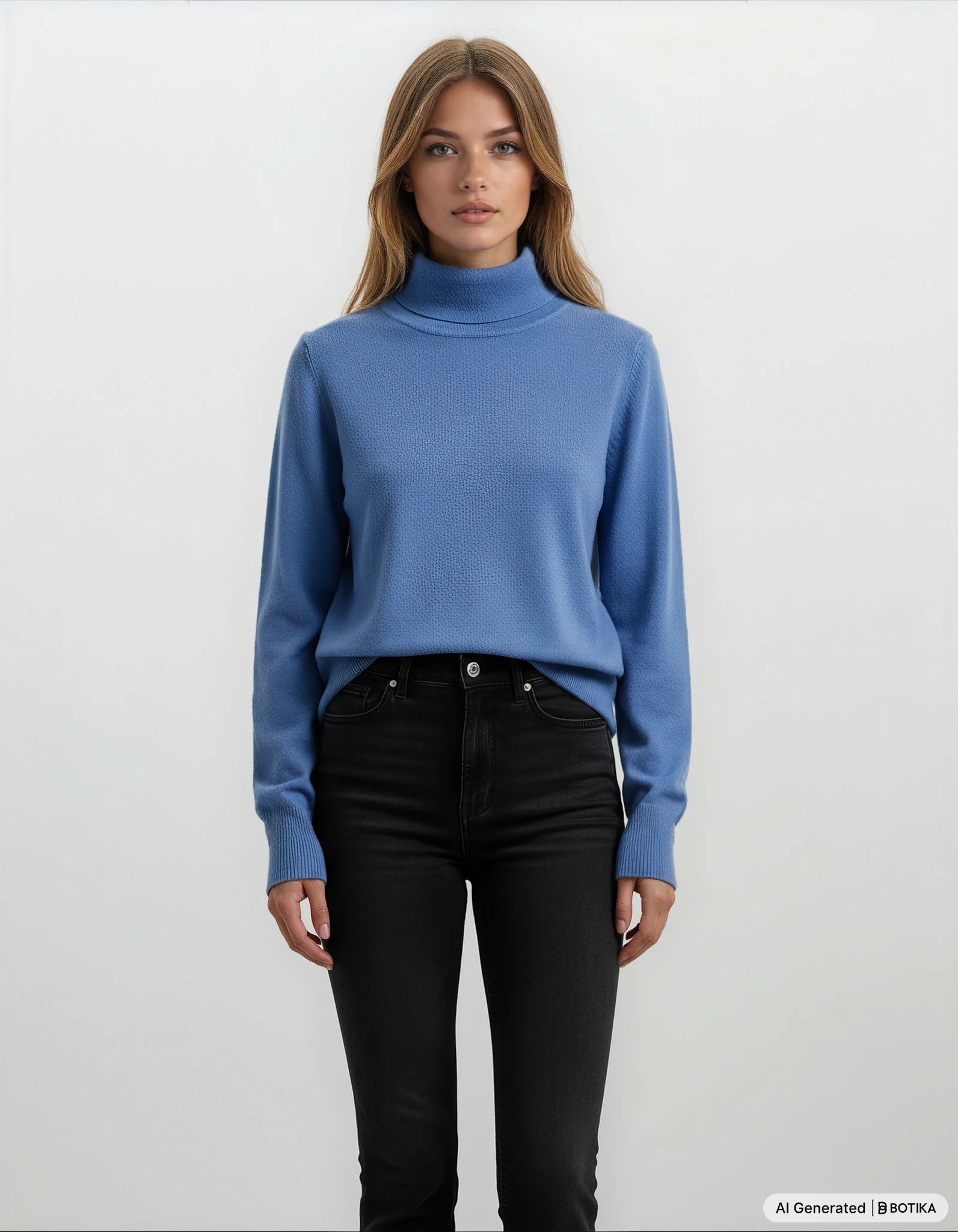 Weicher blauer pullover halsferner rollkragen mit breite rippbündchen und langarm in ribstrickstruktur