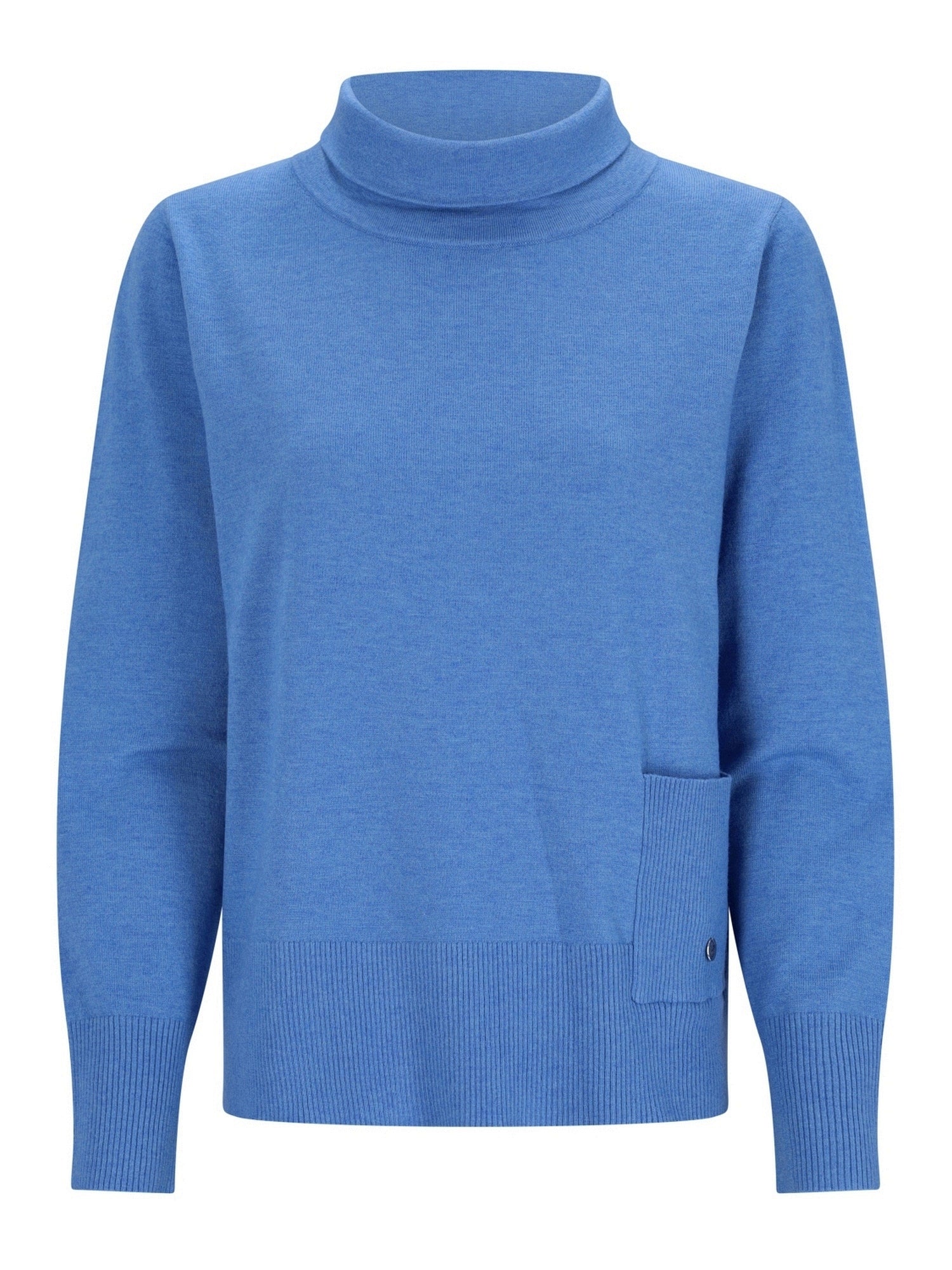 Blauer Rollkragenpullover mit Taschen-Detail und geripptem Saum.