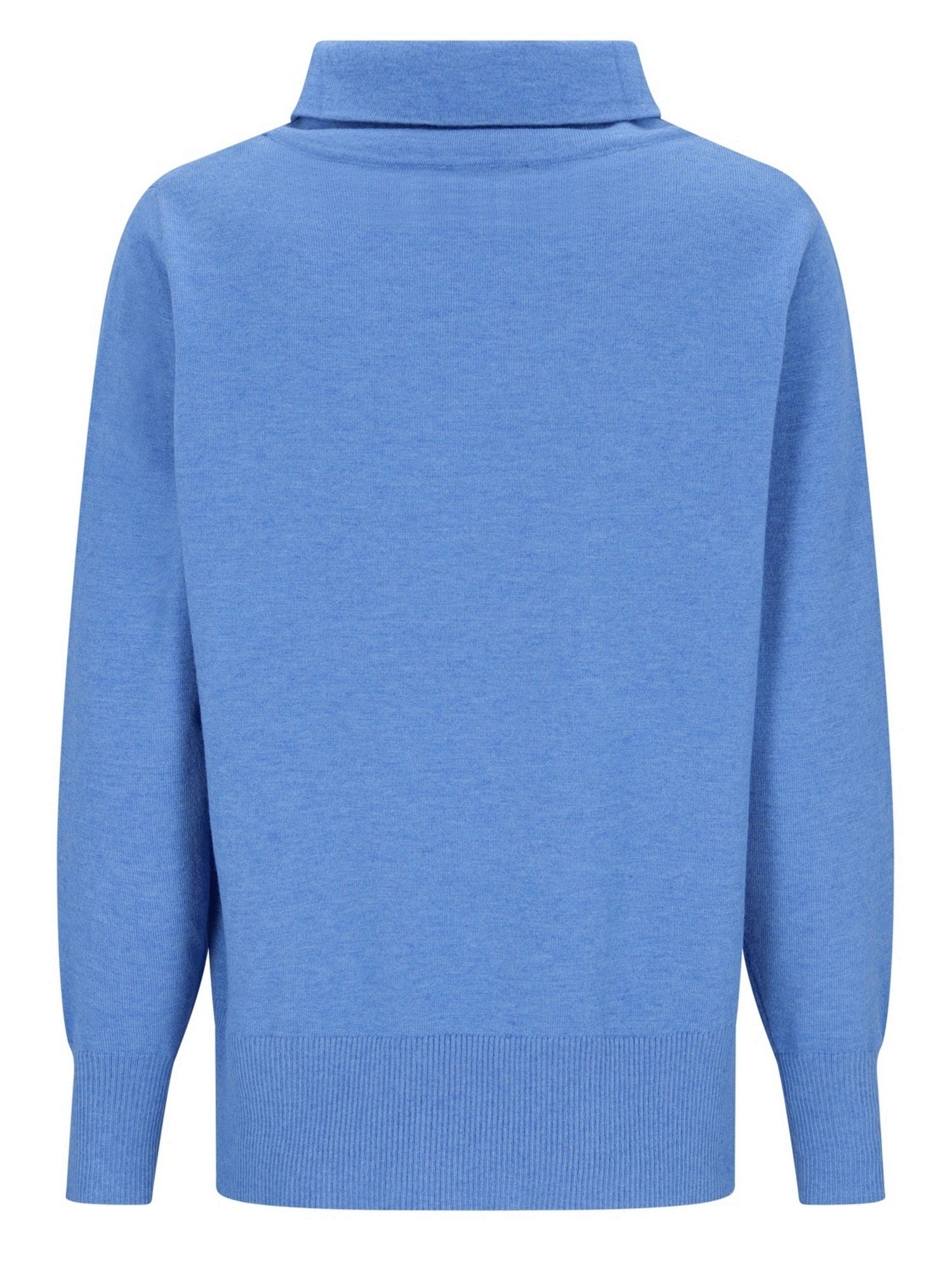 Hellblaues Rollkragenpullover mit gerippten Bündchen und Saum, aus weichem Baumwollstoff.