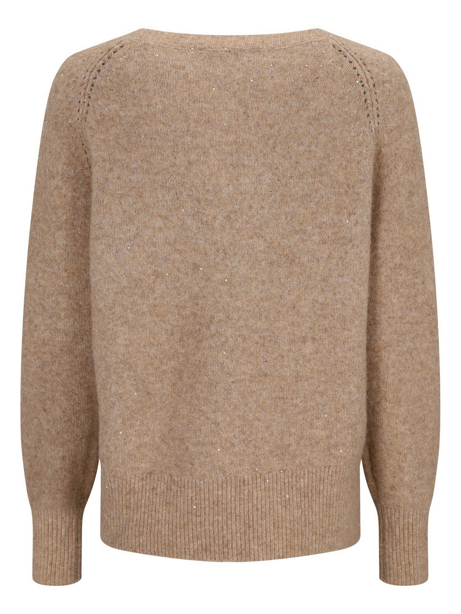 Beiger Kaschmirpullover mit gerippten Bündchen und Saum, mit subtiler Textur.