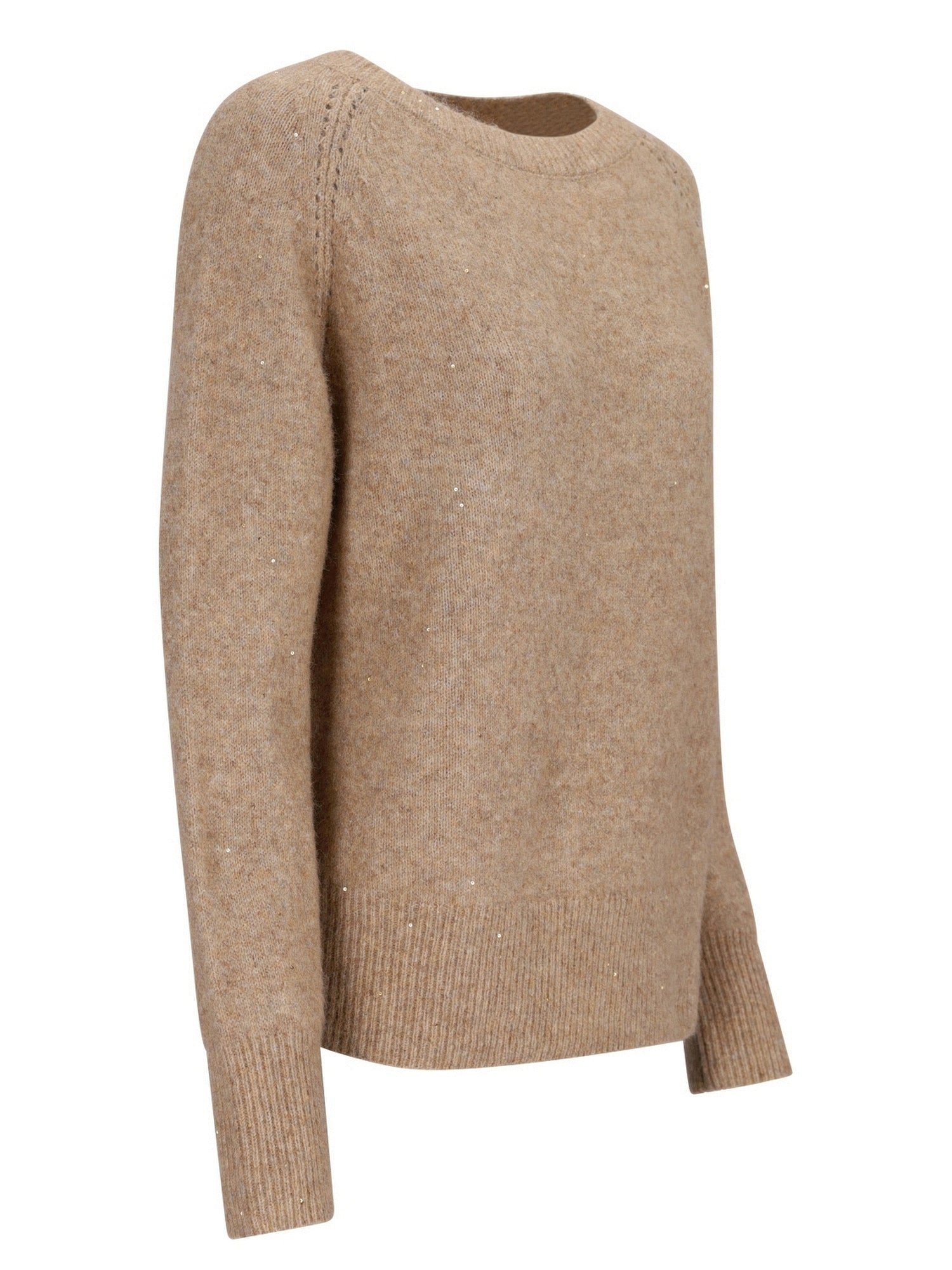 Beige gestrickter Pullover mit langen Ärmeln und geripptem Saum.