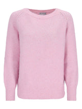 Hellrosa Pullover mit geripptem Strick und Lochmuster-Details an den Schultern.