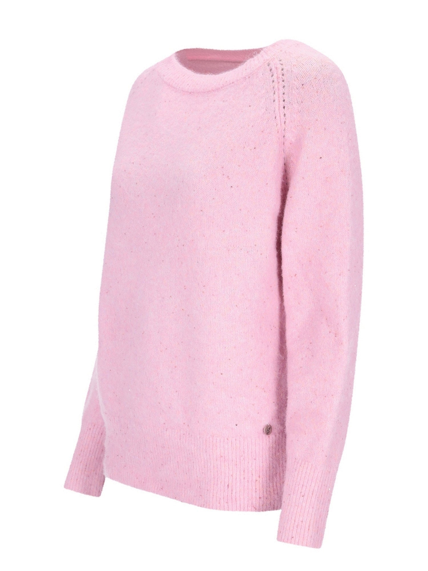 Hellrosa Pullover mit strukturierten Details und Knopfverschluss.