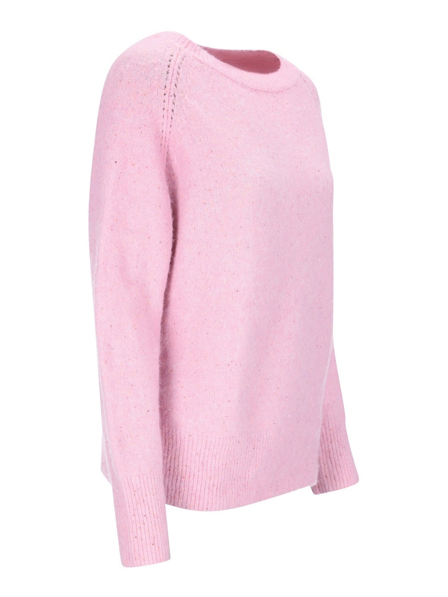Pastellrosa Pullover mit Rippstrick und Lochmuster-Details an den Ärmeln.