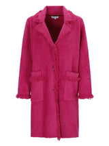Magenta Wollmantel mit ausgefransten Rändern und Taschen, inspiriert vom Signature-Stil von Saint Laurent.