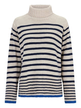 Gestreifter Rollkragenpullover mit Marine- und Cremestreifen, gerippte Bündchen und Saum.