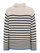 Streifen-Turtleneck-Pullover in Creme und Marine mit blauem Besatz, wahrscheinlich aus Wolle oder Baumwollmischung.