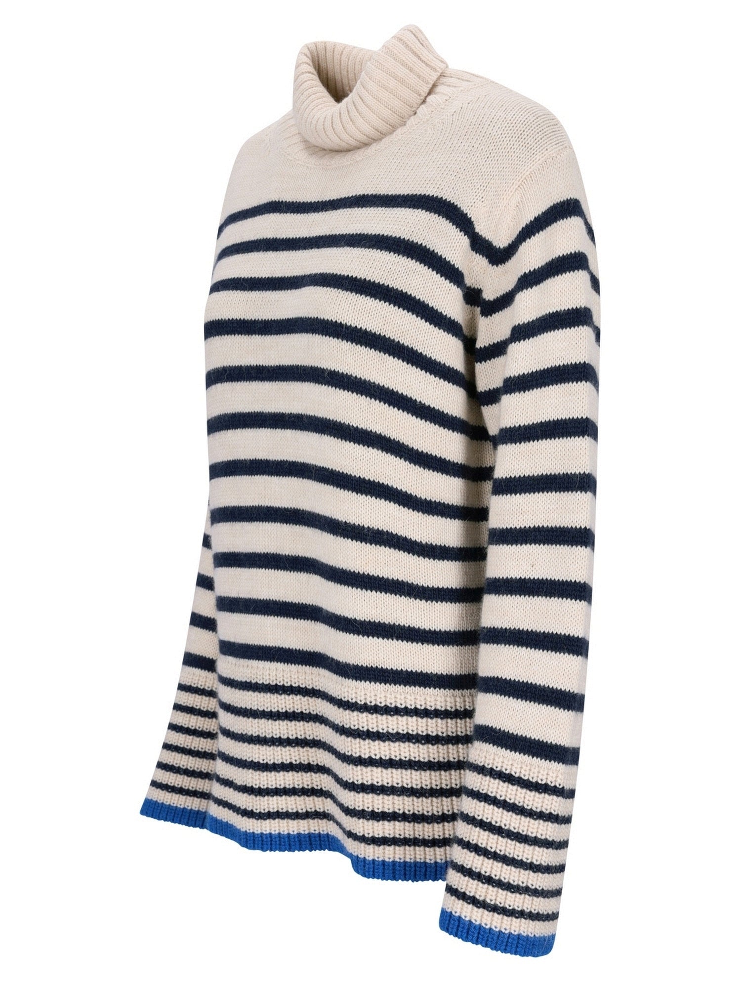Gestreifter Rollkragenpullover mit Marine- und Cremefarbenen Streifen, aus weicher Wolle gefertigt.