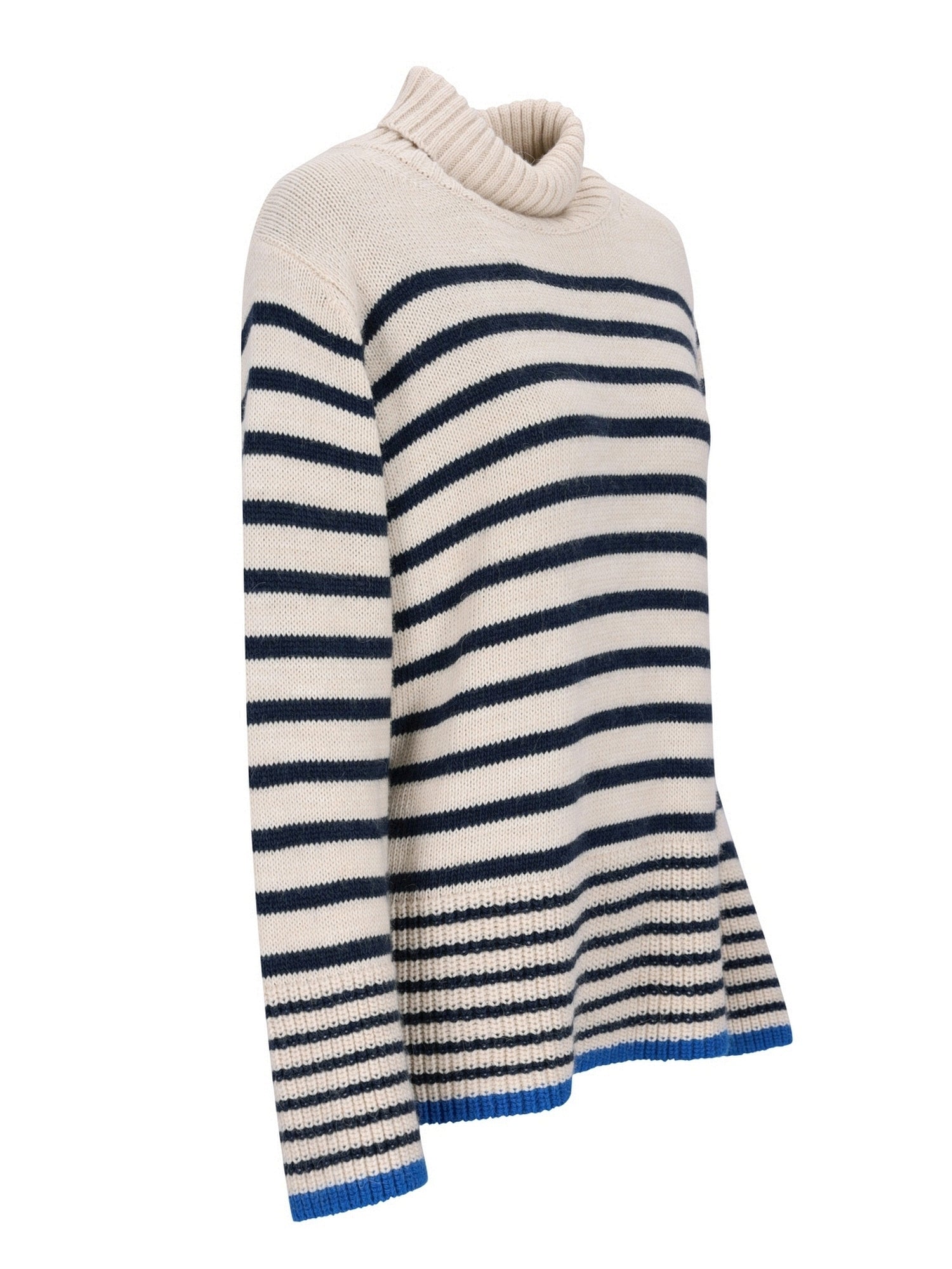 Gestreifter Rollkragenpullover mit blauen und schwarzen Streifen auf cremefarbenem Hintergrund, aus weicher Wolle gefertigt.
