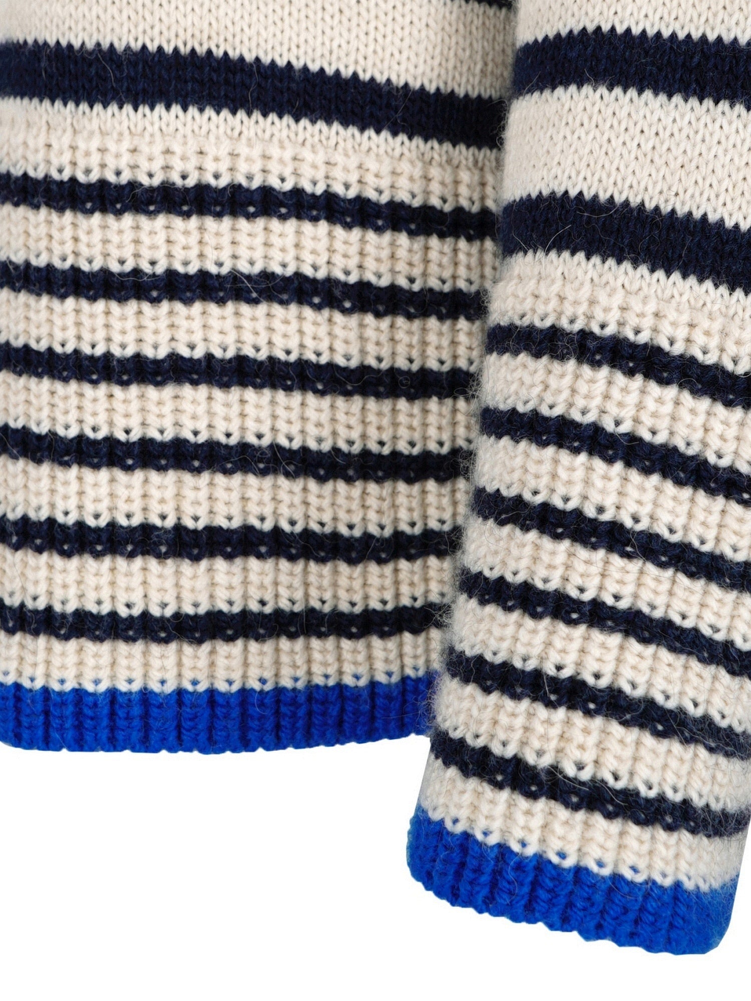 Gestreifter Strick-Handwärmer mit Marine- und Weißstreifen, akzentuiert durch eine königsblaue Manschette.