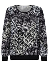 Schwarzes und weißes abstraktes Print-Sweatshirt mit gerippten Bündchen und Saum.