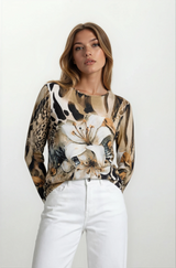 Strickshirt Blouson Style Soft Touch: Bluse mit Lilien-Leopard-Print Rückseite