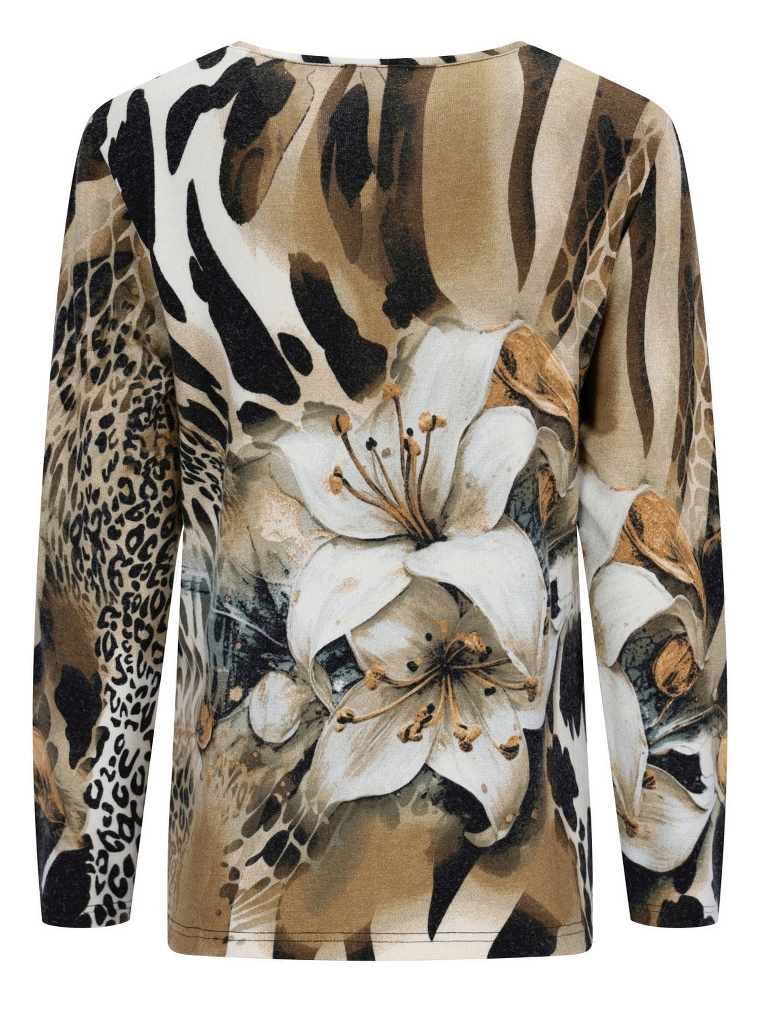 Tier mit Animalprint- und Blumenmuster, Langarm, mit weißen Lilien.