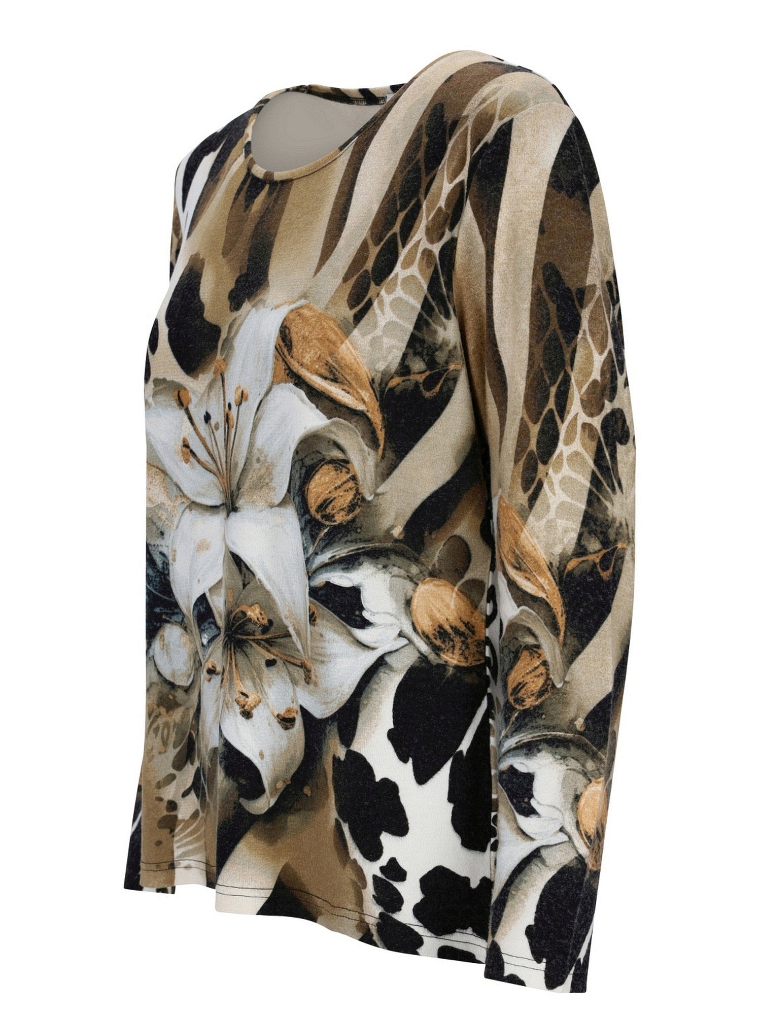 Blusendruck Langarmshirt mit Kuhmuster und beigen Akzenten.