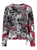 Rosa-schwarzes Sweatshirt mit Grafikdruck und Schnürdetail am Saum.