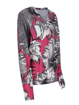 Rosa und schwarzer grafischer Druck Langarmschichtentunika-Top mit Fransen-Saum.