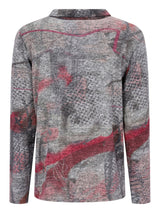 Grauer und pinker abstrakter Muster-Pullover mit langen Ärmeln.