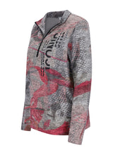 Damen-Grau und Rosa abstruktes Print Viertel-Reißverschluss-Sweatshirt mit schwarzem Reißverschluss.