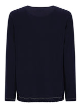 Marineblaue langärmelige Bluse mit gerafftem Saum und Kontrastnaht.