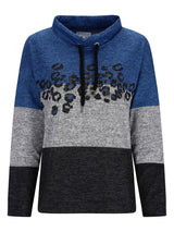 Blau-grauer Leopard-Print-Hoodie mit Kordelkragen.