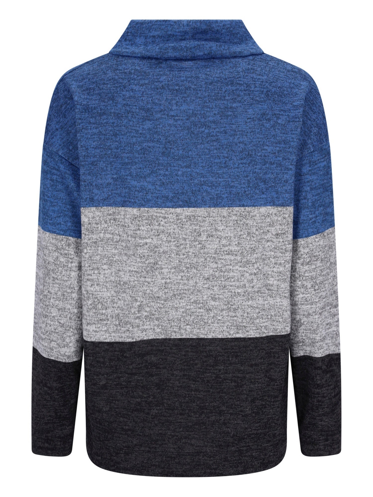 Blau-grauer farbblockierter Rollkragenpullover mit Rippstruktur.