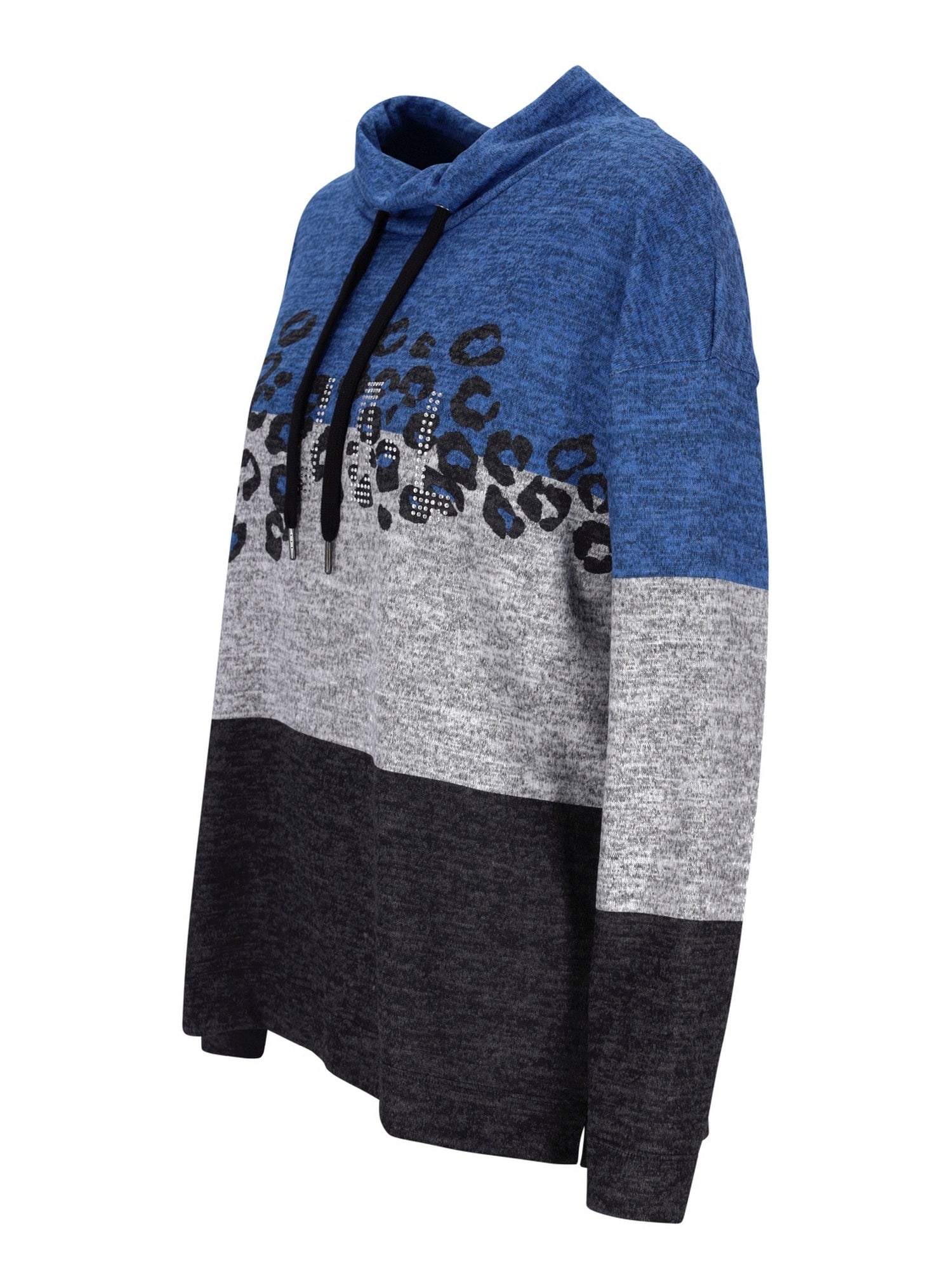 Blauer und grauer Farbblock-Hoodie mit Leoparden-Print-Design auf der Vorderseite.