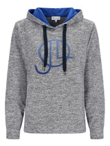 Grauer gemusterter Hoodie mit blauem Logo und kontrastierender Kapuzenfutter, j.crew Marke.