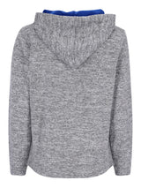 Hellgrauer Kapuzenpullover mit blauer Auskleidung und Kordelzug.