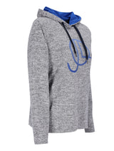 Graue gemusterte Kapuzenjacke mit blauem Futter und Logodesign.