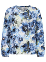 Blaues Blumen-Motiv-Sweatshirt mit weißen und gelben Akzenten, aus weichem Baumwollstoff.