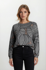 Graues Strickshirt Blouson Style Soft Touch mit Blattmuster und Mesh-Paneelen
