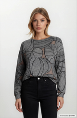 Grauer strickshirt blouson style pullover mit abstraktem blättermuster und transparenten mesh-einsätzen in style soft touch