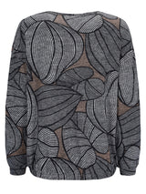 Schwarzer und weißer abstrakter Blattendruck-Pullover mit Mesh-Paneelen.