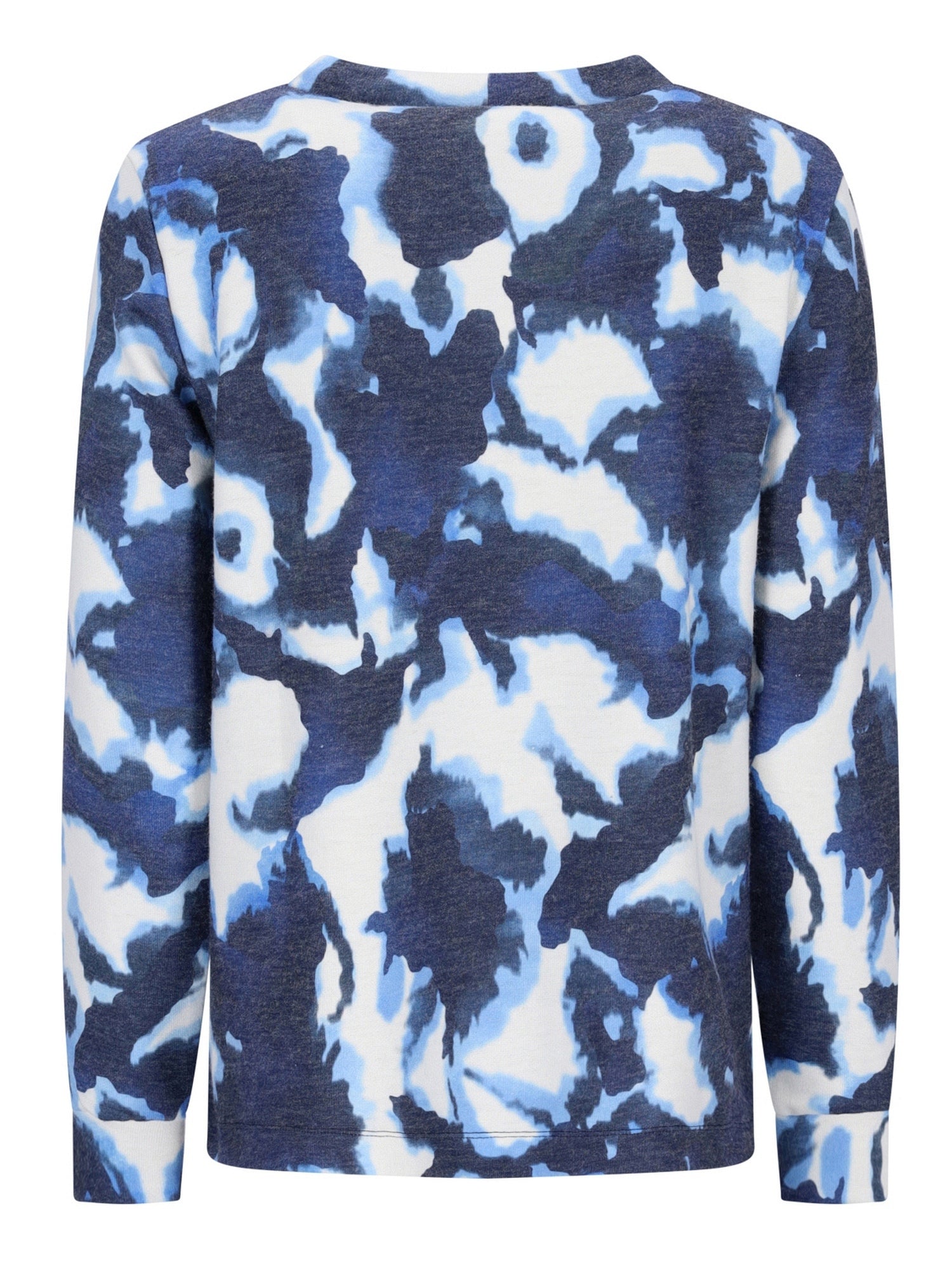 Blau-weißer Tie-Dye-Pullover mit langen Ärmeln.