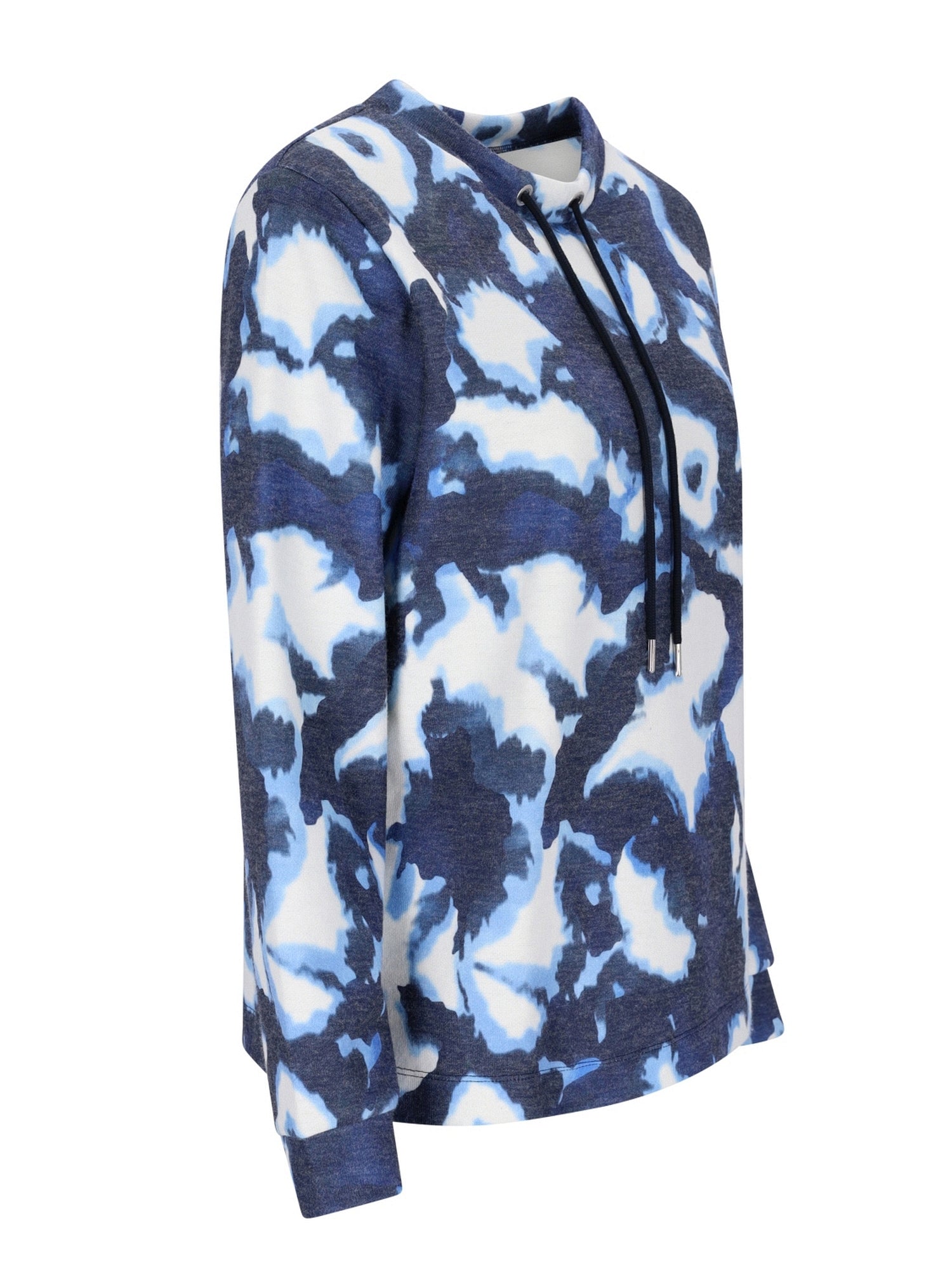 Blau-weiße Tie-Dye-Kapuzenjacke mit Kordelkragen.