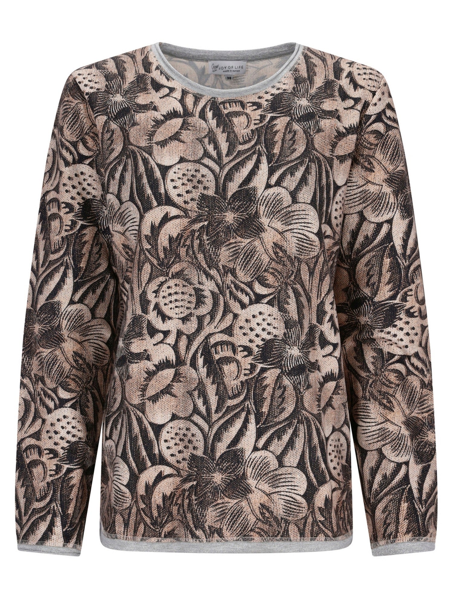 Beige-brauner Blumenmuster-Pullover mit langen Ärmeln.