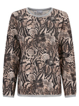 Beige-brauner Blumenmuster-Pullover mit langen Ärmeln.