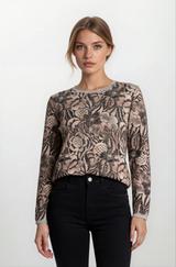 Sweatshirt mit Fashionprint: Beige-Grau Pullover mit Blumenstickerei